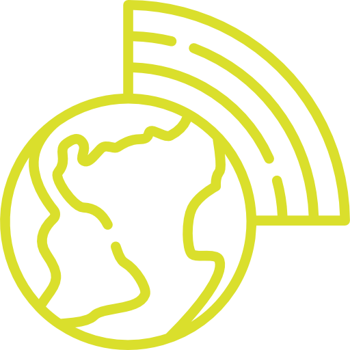 Yellow line icon of a globe with radiating signal waves