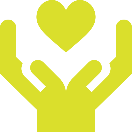 Yellow icon of hands holding a heart, symbolizing care, compassion, and wellness support at Gage Physiotherapy