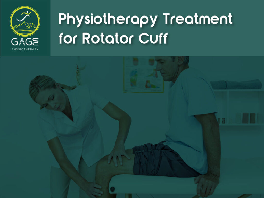A physiotherapist in a white uniform assessing a seated male patient's arm and shoulder movement in a clinical setting. The image includes the text "Physiotherapy Treatment for Rotator Cuff" and displays the Gage Physiotherapy logo in the top left corner.